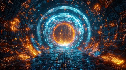 Wall Mural - futuristic portal, energy rings, digital tunnel, vibrant colors, abstract background, sci-fi concept