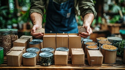 Wall Mural - Gardener selecting seeds, preparing boxes, indoor greenhouse, sustainable farming, stock photo