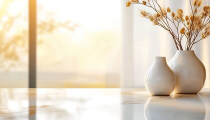 Wall Mural - A serene morning scene featuring minimalist white vases with dried flowers, illuminated by soft sunlight streaming through a window.