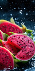 Wall Mural - Vibrant slices of dragon fruit glisten with water droplets, showcasing their striking pink flesh and green skin against a dark background.