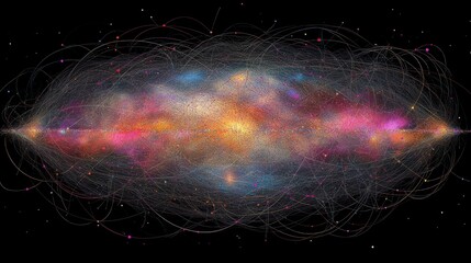 Cosmic web filaments, galaxy cluster, dark matter simulation, space background, science illustration