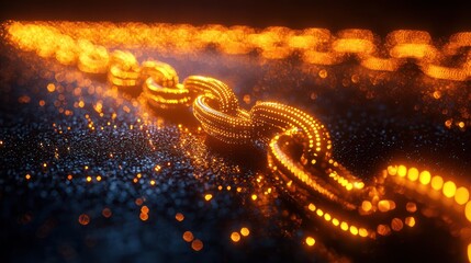 Wall Mural - glowing gold chain links on dark surface with fiery background. visual concept for security, technol