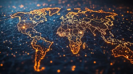Global network connections, world map, digital communication, background lights, website banner