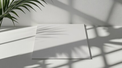 Wall Mural - Blank paper mockup, sunlight, shadows, plant, minimal design, product presentation