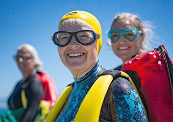 A close-up of happy female triathletes in black wetsuits with bright-colored swim caps and arm floats, holding swimming goggles next to the ocean shore