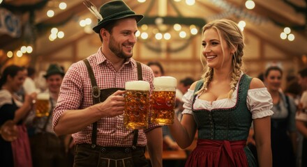 Young caucasian man and woman celebrating oktoberfest with beer mugs in traditional bavarian attire