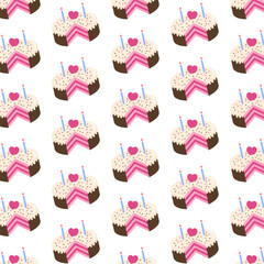 Wall Mural - cake with heart and candles repeat pattern.birthday cake seamless pattern.vector graphic illustratio