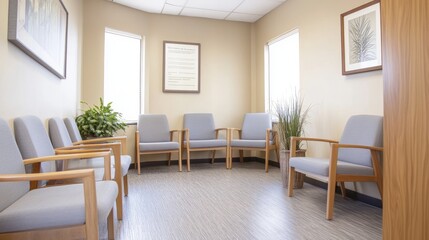 Wall Mural - A well-lit minimalist waiting room featuring soft beige walls, light gray chairs, and natural wood decor.