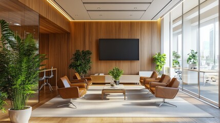 Wall Mural - A well-lit wooden office waiting area with comfortable armchairs and a TV, offering a relaxing environment