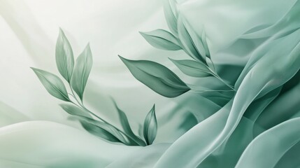 Aufkleber - Soft green leaves intertwined with delicate fabric create a tranquil and harmonious atmosphere in a gentle light. Generative AI