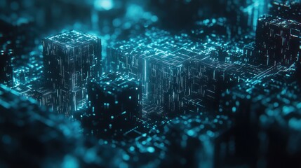 Wall Mural - futuristic city, digital landscape, glowing cubes, network, abstract background, technology concept,