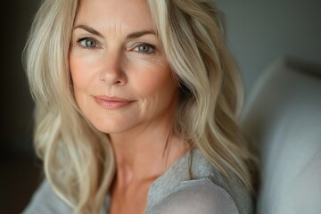 A close-up portrait of a confident mature woman with soft features and a warm smile, radiating wisdom and grace.