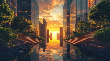 Wall Mural - City sunset reflection, stairs, urban oasis, calm