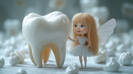 Cute tooth fairy with large tooth surrounded by small teeth in playful setting