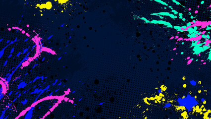 Canvas Print - dark grunge background with multicolored reflective paint splattered.
