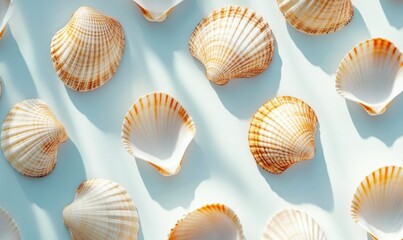 Wall Mural - A serene arrangement of seashells on a light blue surface, casting soft shadows, evoking tranquility