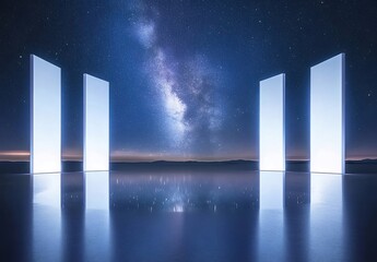 Wall Mural - Night sky, glowing pillars, desert, reflection, portal