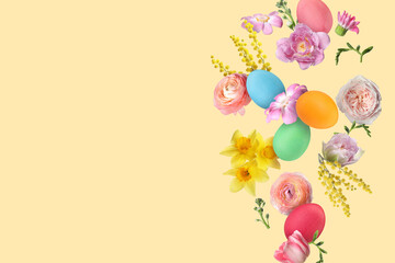 Sticker - Easter eggs and beautiful spring flowers flying on beige background. Space for text