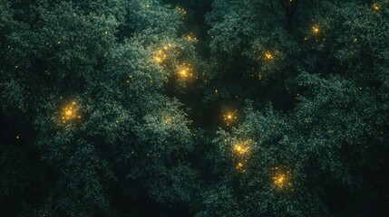 Fireflies glowing at night in a dark forest, aerial view, fantasy background