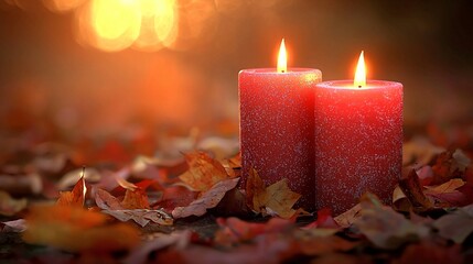 Poster - Autumn candles, leaves, sunset glow.  Relaxing scene, ideal for meditation or remembrance