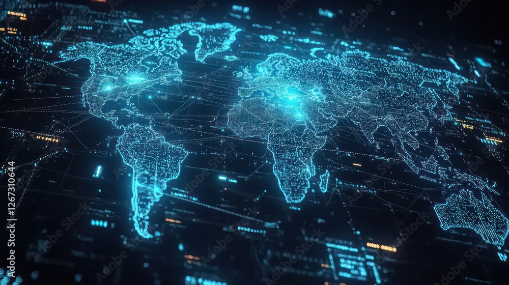 Global network connections, data flow, digital world map, technology ...