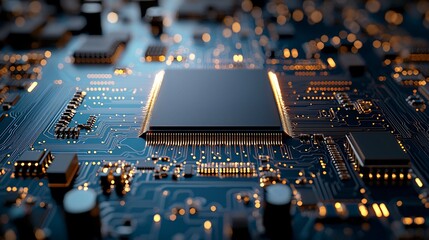 Circuit board processor, glowing, technology, background blur, digital future