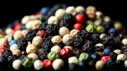 Poster - Colorful peppercorns pile, close-up, dark background, food photography