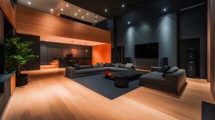 Sticker - Modern home theater, open-plan living, night lighting, luxury interior design, real estate