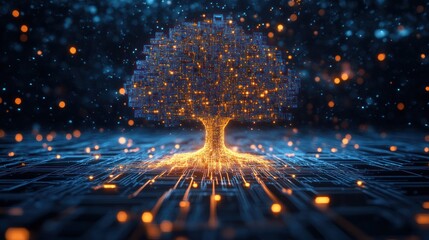 Wall Mural - digital tree glowing on circuit board; technology concept; data visualization; website header