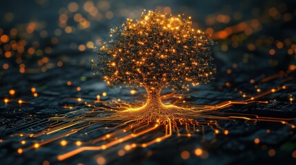 Wall Mural - glowing digital tree growing from circuit board, technology concept, website banner