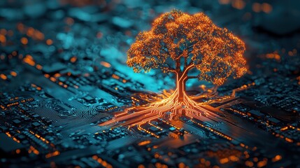 Wall Mural - glowing tree on circuit board; digital nature, technology growth concept; website header