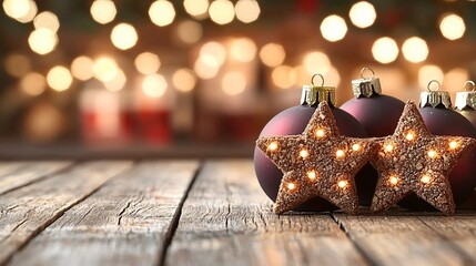 Wall Mural - Festive Christmas ornaments on rustic wood, bokeh lights background