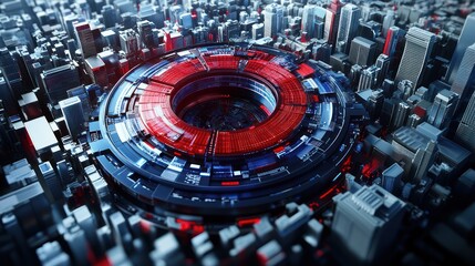 Wall Mural - futuristic city tech, aerial view, data center, red ring, urban landscape, technology concept, websi