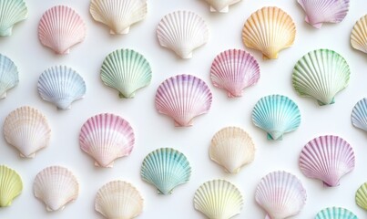 Wall Mural - A vibrant arrangement of pastel-colored seashells on a white background, perfect for coastal-themed decor