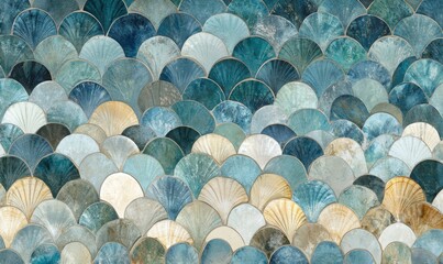 Wall Mural - A vibrant mosaic of overlapping teal and gold fan shapes creating a textured wall art design