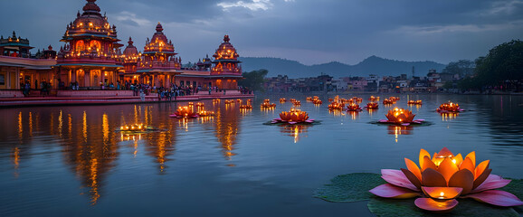 Illuminated Temple Complex On Lake At Night