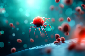 A vibrant microscopic depiction of a red microorganism surrounded by smaller cells, set against a blurred blue-green background.