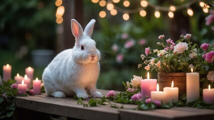 Wall Mural - A serene outdoor scene featuring a white rabbit among candles and flowers.