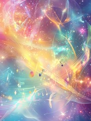 Leinwandbilder - Colorful musical notes floating amidst vibrant cosmic swirls and light patterns during a creative digital art session. Generative AI