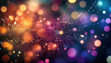 Dew-Kissed Spiderweb Glistens Under Colorful Night Lights: A Stunning Nature Macro Photography