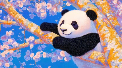 Wall Mural - Panda naps in cherry blossom tree