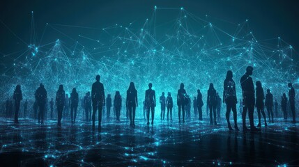 Wall Mural - global network connection, people silhouettes, digital landscape, futuristic background, technology 
