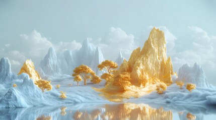 Wall Mural - Golden mountains, serene lake, digital art, fantasy landscape