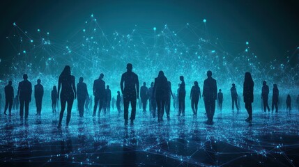 Wall Mural - silhouetted people walking towards a digital network, future technology concept