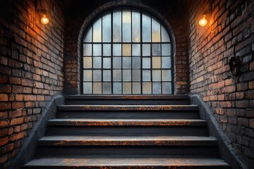 Wall Mural - Dimly lit staircase leading to a large arched window, showcasing rustic brick walls and ambient lighting