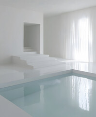 Fototapete - A serene, minimalist space featuring a clear pool, white walls, and soft natural light filtering through sheer curtains