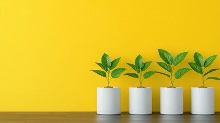 Wall Mural - Four potted plants grow against a yellow wall; business growth concept