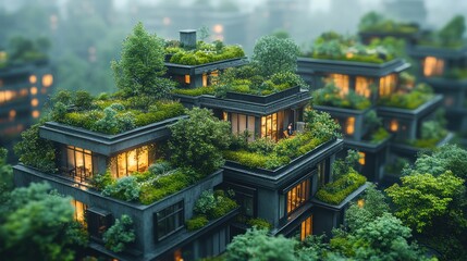 Wall Mural - Eco-friendly apartment buildings, green roofs, city, night