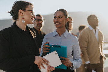 Wall Mural - A group of diverse business people smiles outdoors during a sunny meeting. The scene conveys teamwork, cooperation, and success in a relaxed yet professional environment.