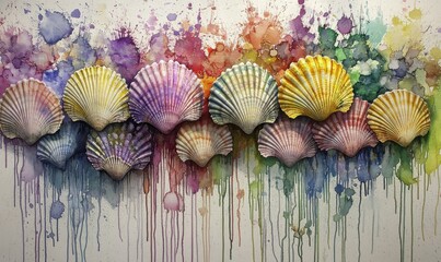 Wall Mural - Colorful watercolor painting of seashells arranged in a row with vibrant splashes in the background